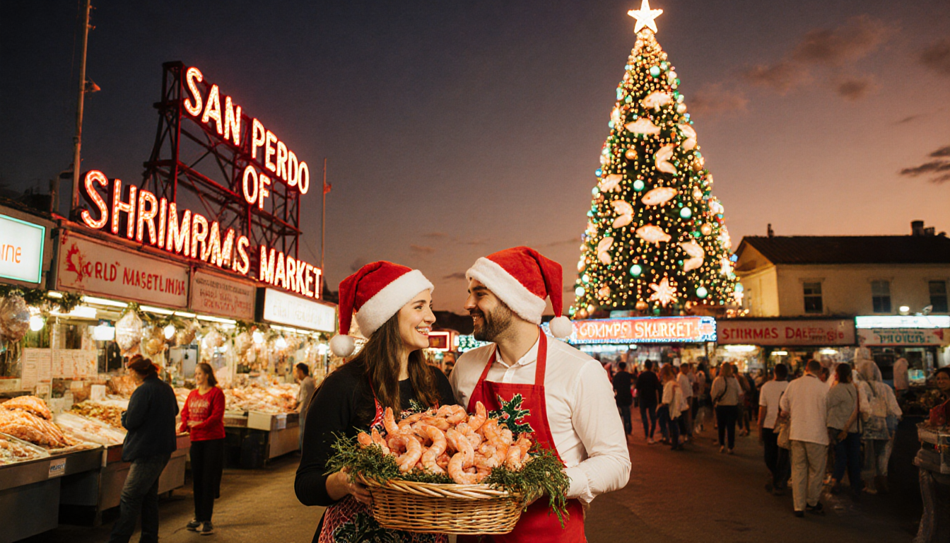 Joyful couple proudly holding a shrimp basket with hats and aprons beside a seashell Christmas tree in a sunset market.
