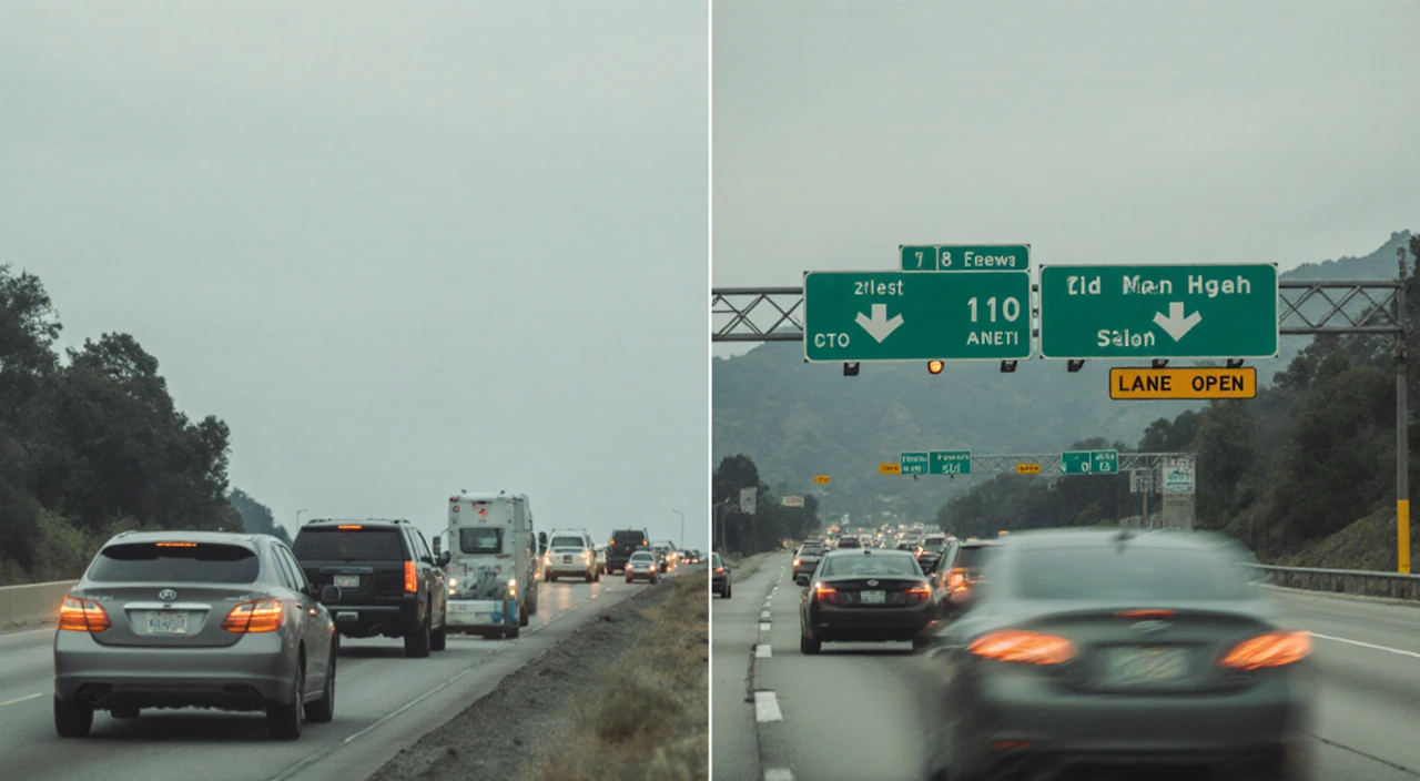 Cars slowing traffic jam on 210 Freeway with one lane open and Colorado Boulevard exit near Sierra Madre Villa in background