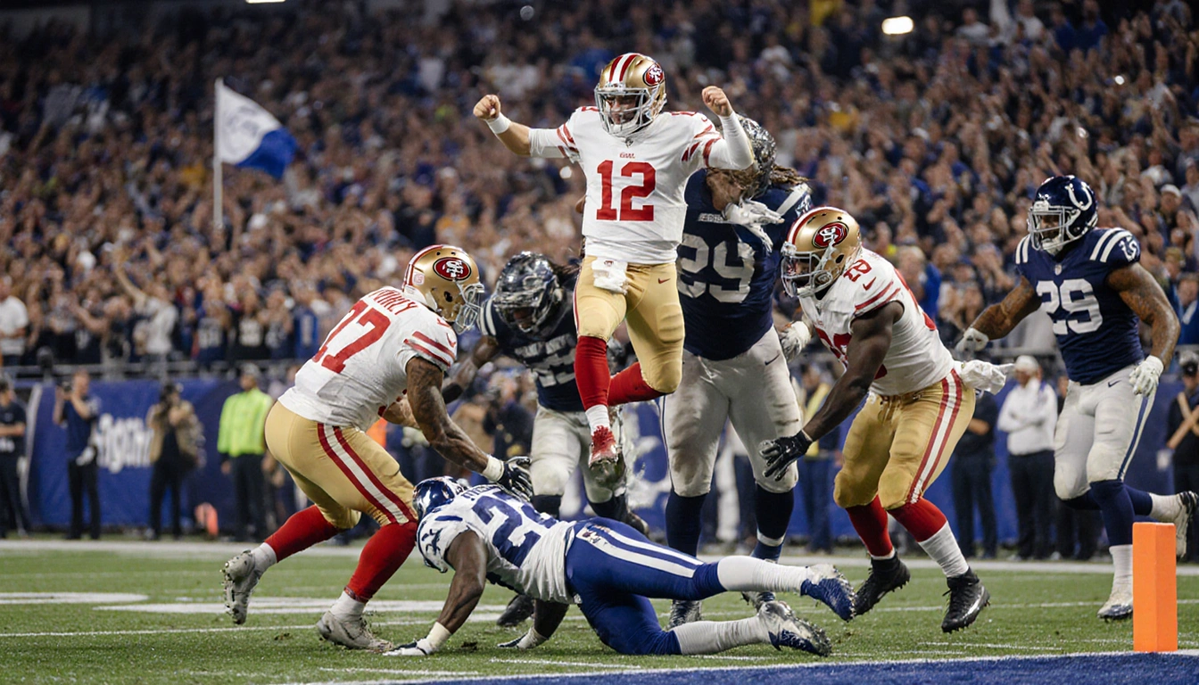 Brock Purdy lifts off the football field with teammates hoisting him while fans cheer and defeated opponents slump.