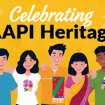 Diverse AAPI group standing together celebrating AAPI Heritage with a Filipino yo‑yo, Hawaiian tapa cloth, and Indian sari on