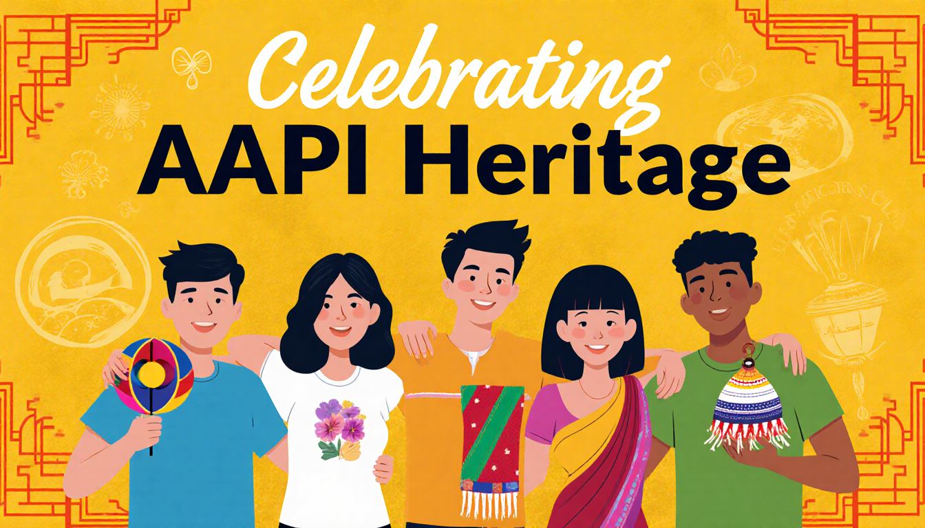 Diverse AAPI group standing together celebrating AAPI Heritage with a Filipino yo‑yo, Hawaiian tapa cloth, and Indian sari on
