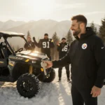 Aaron Rodgers handing a key to a rugged off‑road UTV with cheering Steelers linemen on a snowy hillside