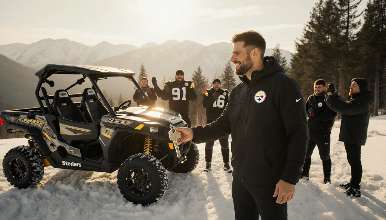 Aaron Rodgers handing a key to a rugged off‑road UTV with cheering Steelers linemen on a snowy hillside