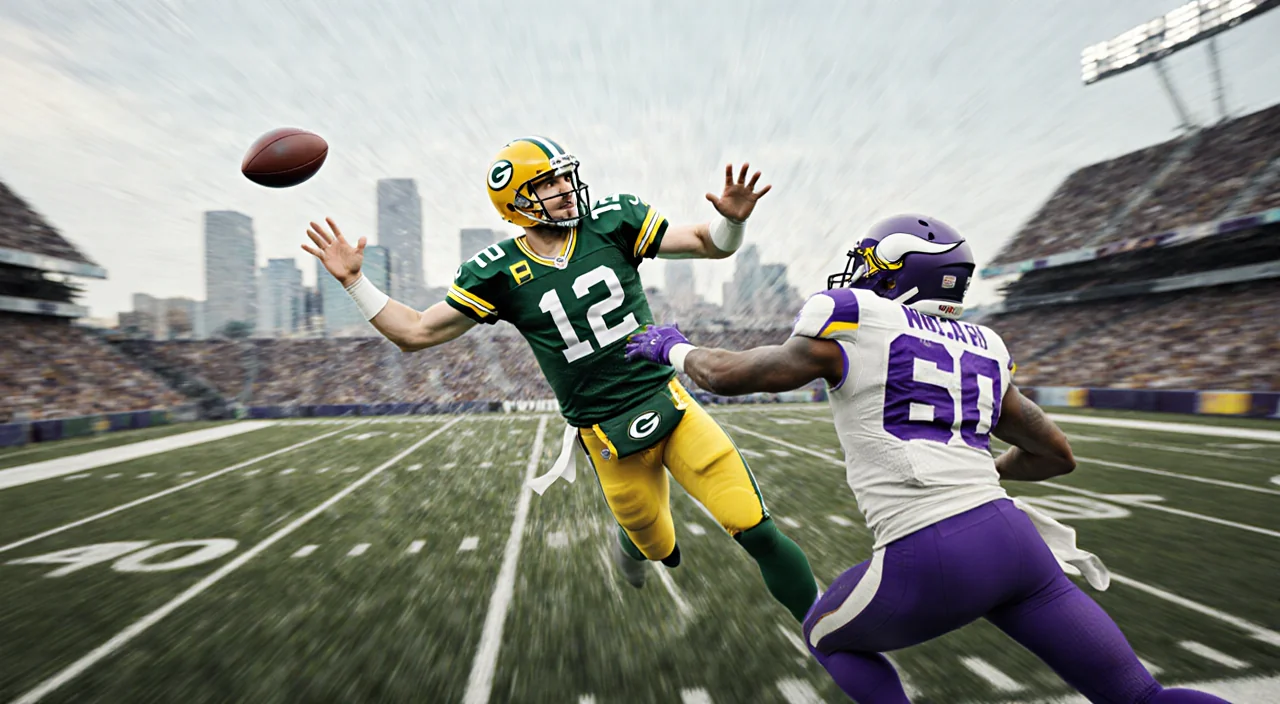 Aaron Rodgers throwing a touchdown pass with motion blur and Minneapolis skyline near football field