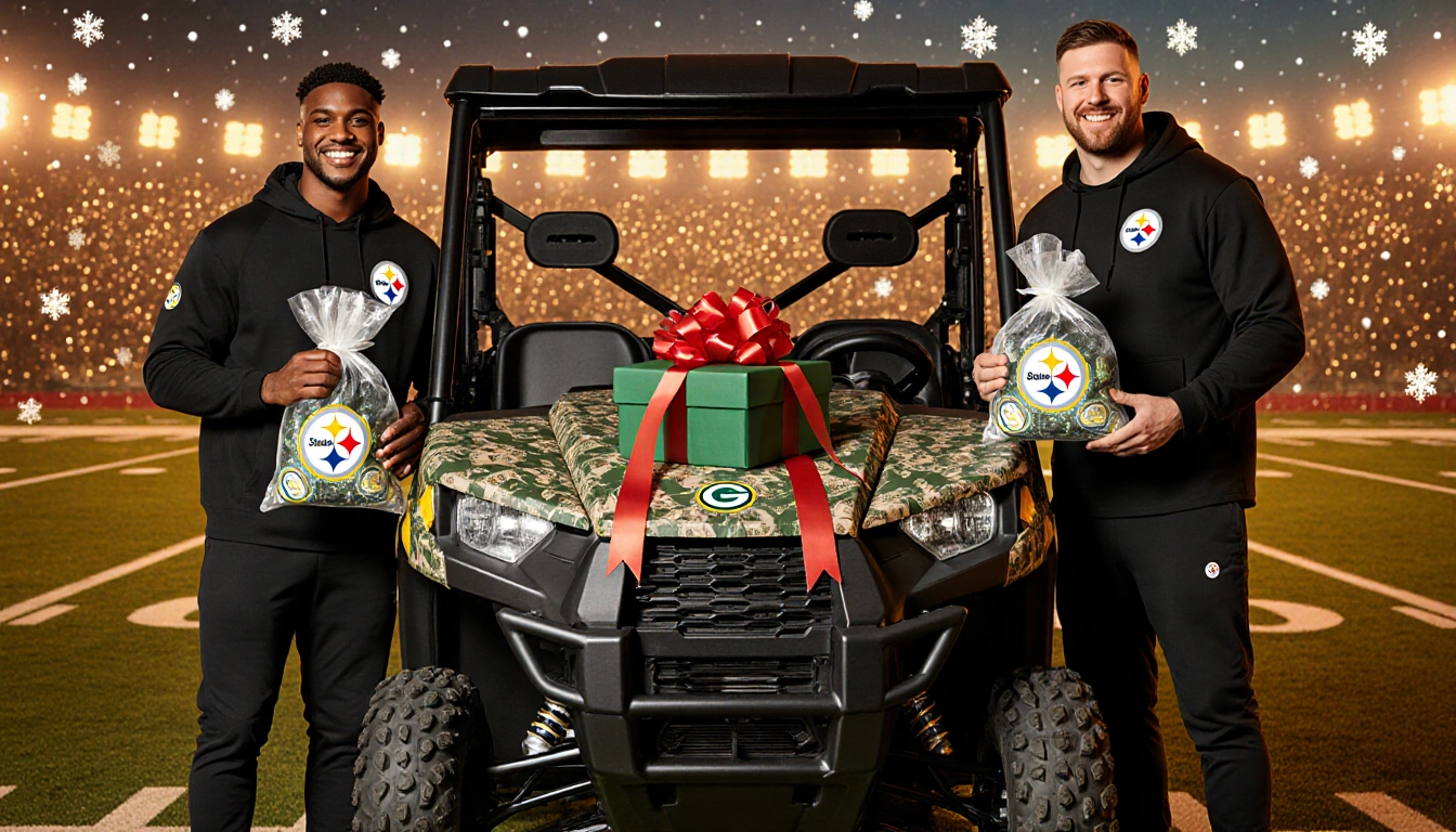 Two Steelers linemen pose with gift boxes with Rodgers' UTV and holiday lights in background.