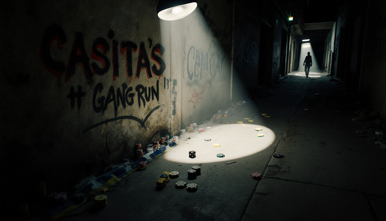 Lone figure turning away under spotlight in abandoned alleyway with graffiti wall and police tape