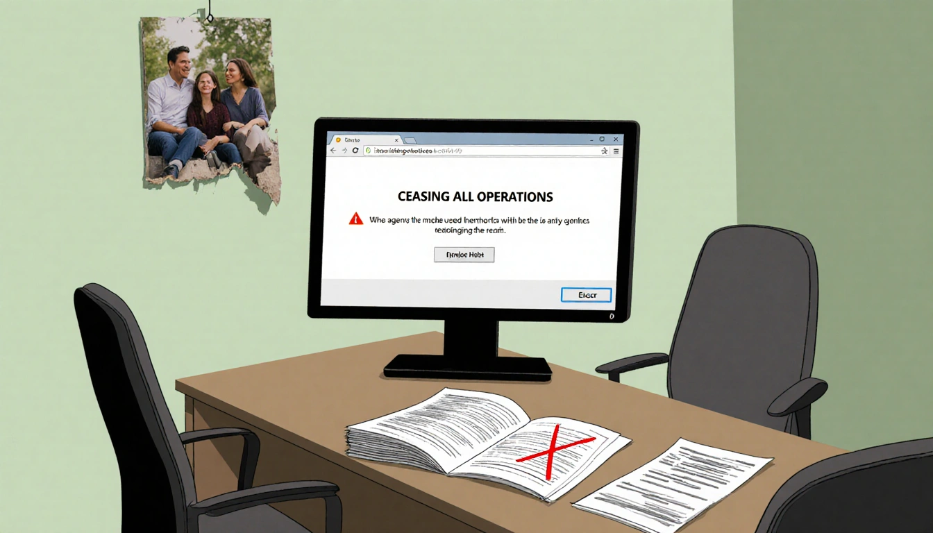 Computer screen displays ceasing all operations error with unpaid bills marked red X and torn family photo in background