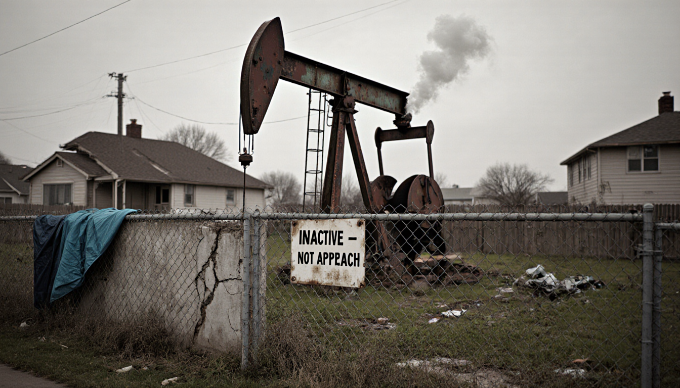 Abandoned oil well emitting faint gas with Inactive - Do Not Approach sign and overgrown vegetation on cracked concrete