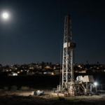 Drilling rig working on abandoned oil well with leaking methane and oil under moonlit night sky