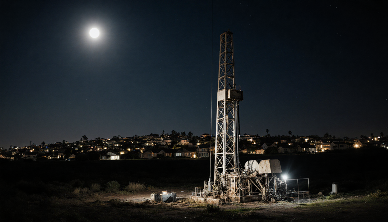 Drilling rig working on abandoned oil well with leaking methane and oil under moonlit night sky