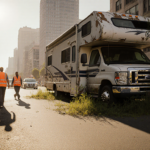 City crew in orange vests dismantling an abandoned RV with overgrown weeds sprouting from tires and pedestrians walking by.