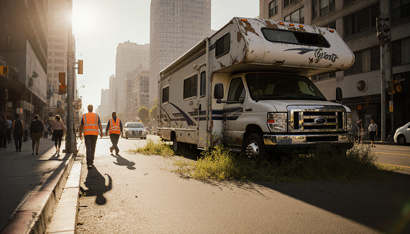 City crew in orange vests dismantling an abandoned RV with overgrown weeds sprouting from tires and pedestrians walking by.