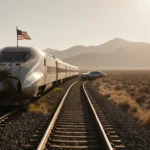 Abandoned bullet train tracks stretch across a dry landscape with a sleek governor car standing near the sunlit hills