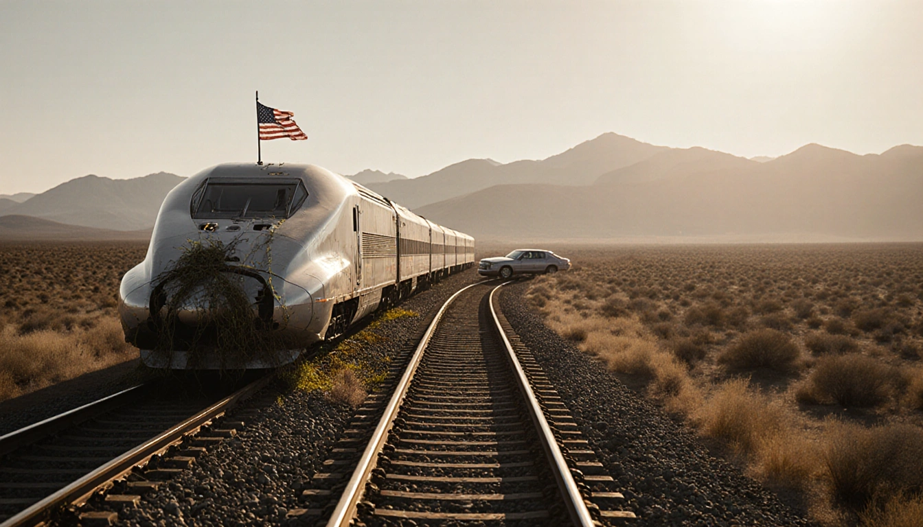 Abandoned bullet train tracks stretch across a dry landscape with a sleek governor car standing near the sunlit hills