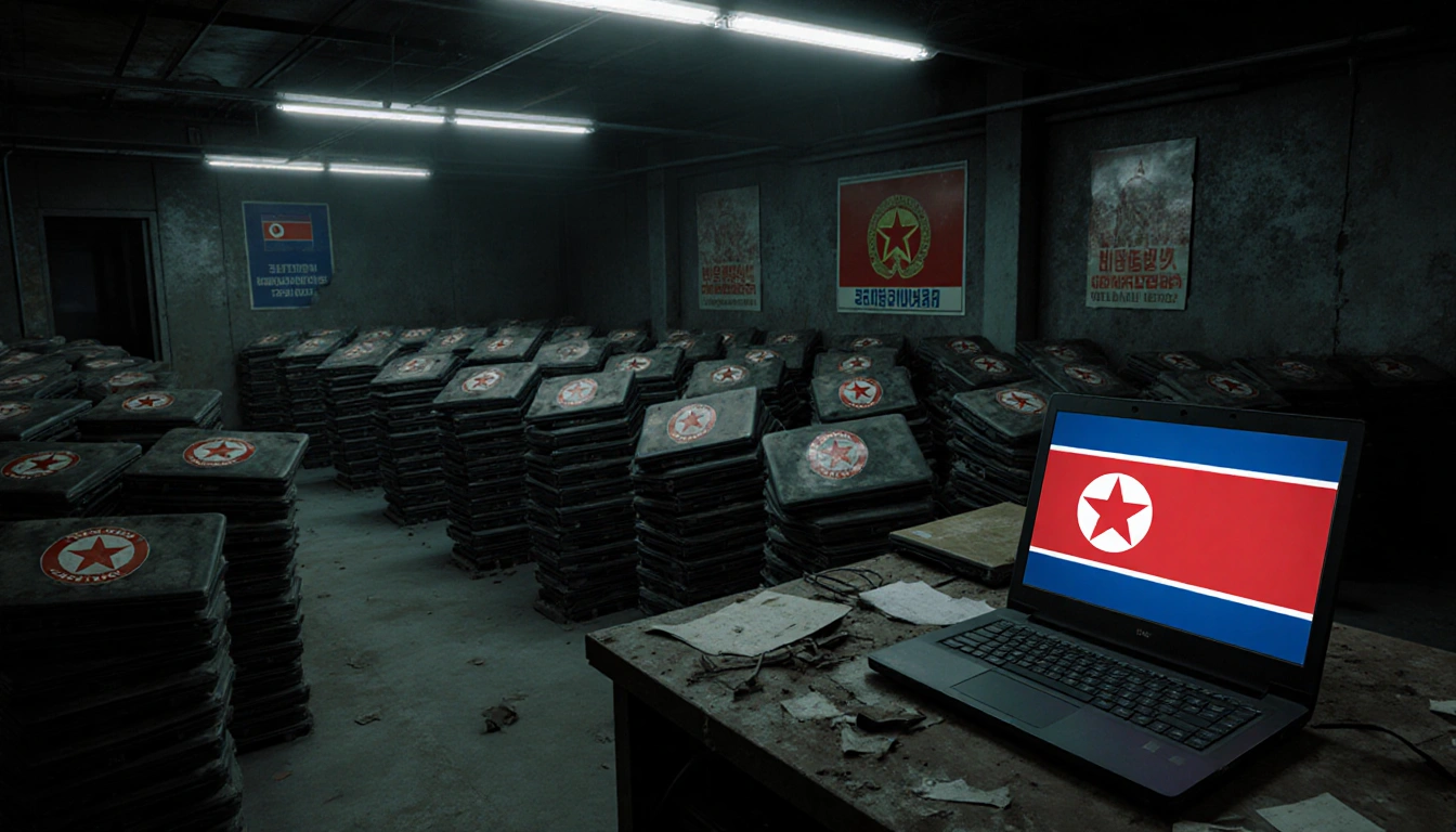 Open laptop shows North Korean flag wallpaper with dusty laptop stacks in an abandoned warehouse