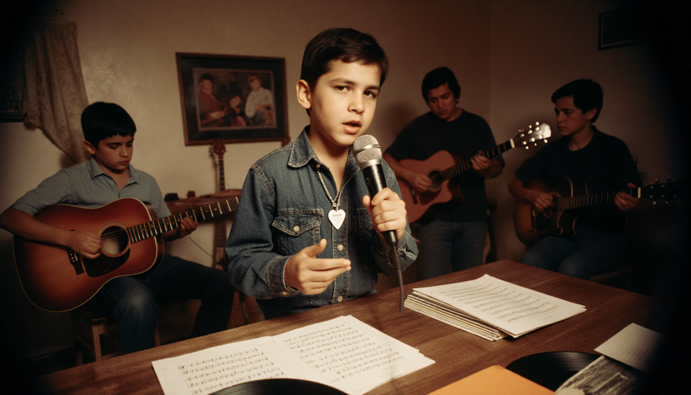 Young Abraham Quintanilla holds a microphone with guitar pick necklace amid guitars and music sheets in warm nostalgic lighti