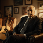 Abraham Quintanilla Jr. seated in his suit with a warm golden glow and a guitar nearby hinting at Selena
