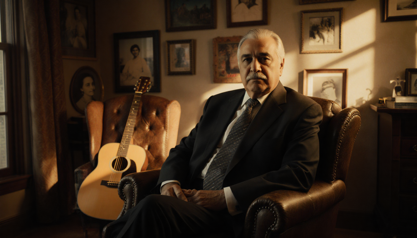 Abraham Quintanilla Jr. seated in his suit with a warm golden glow and a guitar nearby hinting at Selena