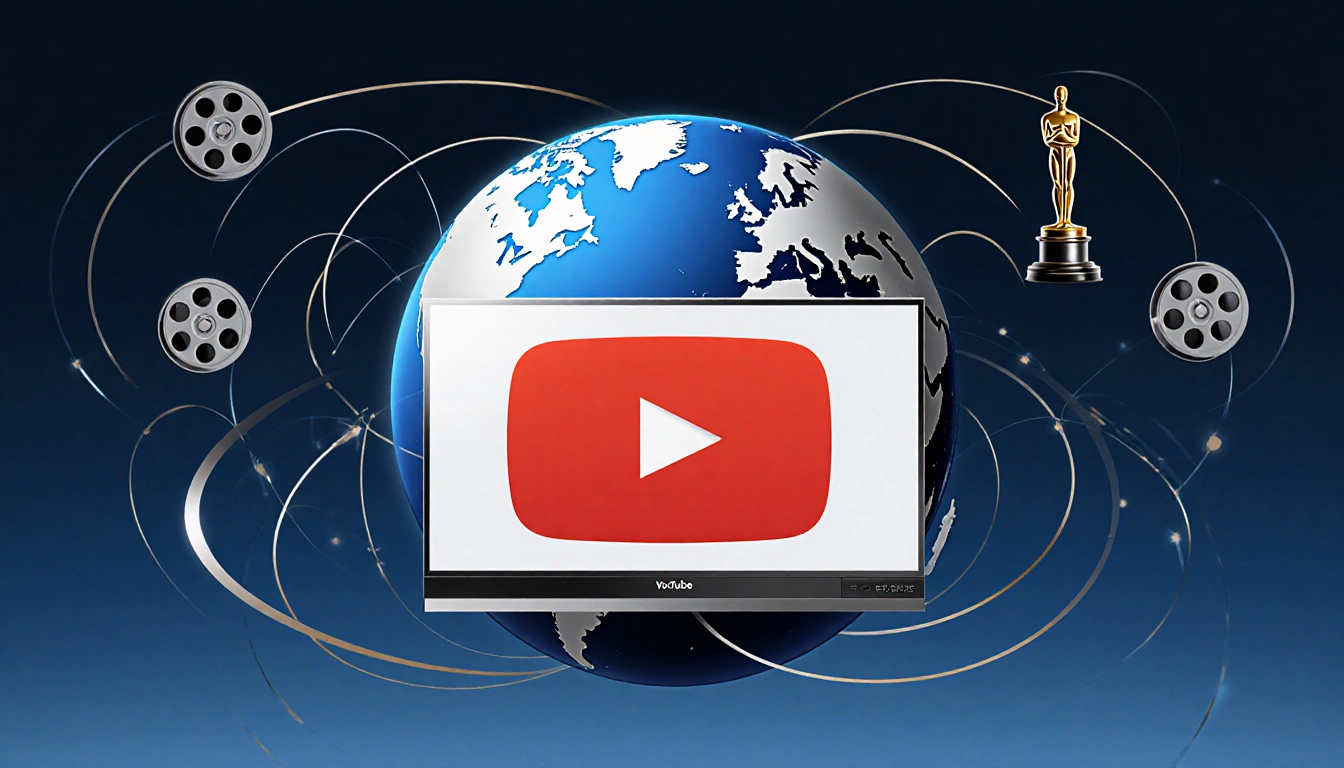 Globe radiating lines sits on TV screen with YouTube logo and subtle swirling patterns surround it in dark blues and silvers.