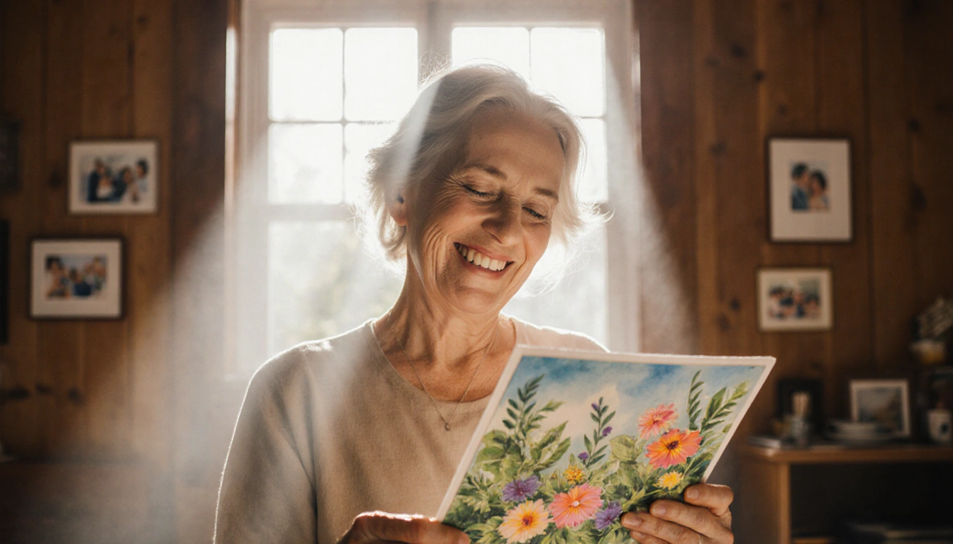 Ada smiling while holding watercolor painting with warm window light and floral backdrop of flowers and greenery