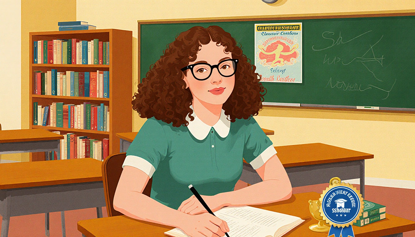 Adelia Ada Zeidler sits at desk with glasses and classic literature National Merit award on table in sunny classroom.