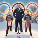 Adam Rippon stands in front of a snowy backdrop with five Team USA athletes holding flags and a microphone on snowy pedestal.