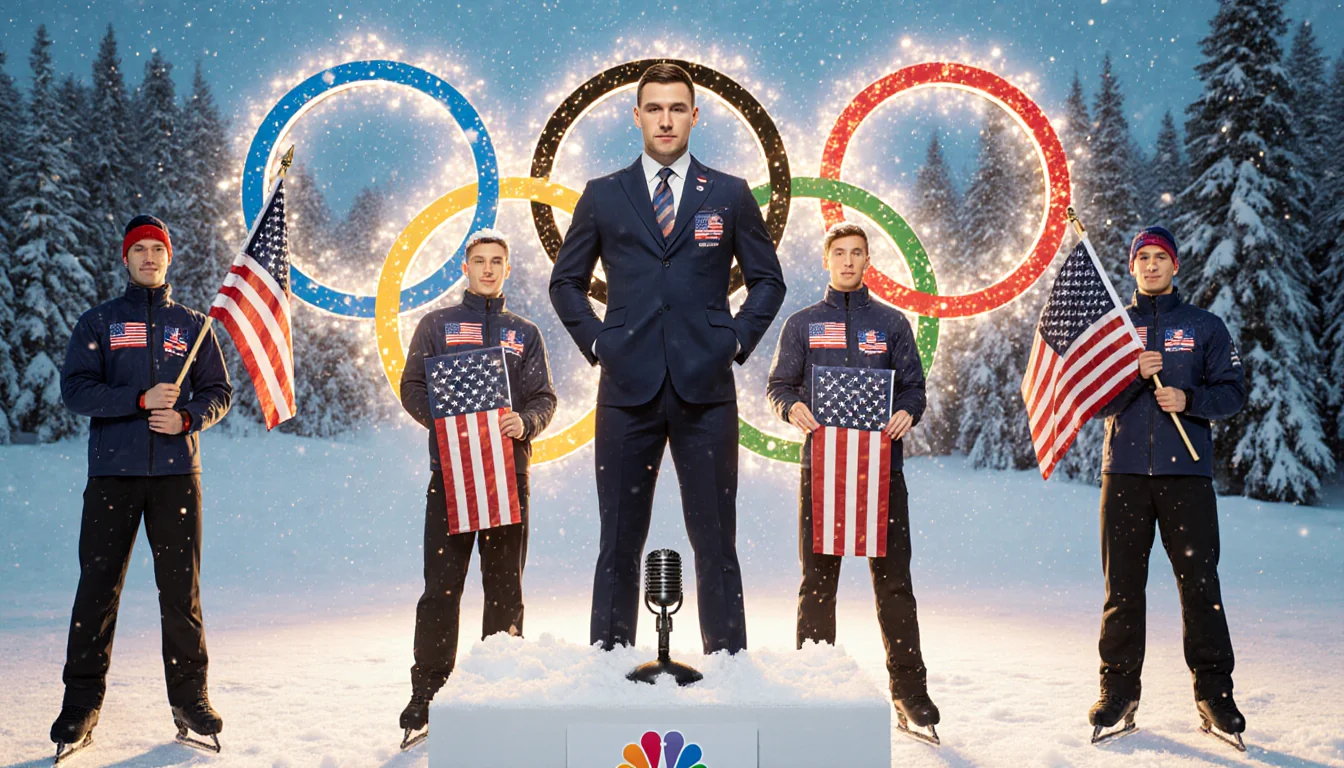 Adam Rippon stands in front of a snowy backdrop with five Team USA athletes holding flags and a microphone on snowy pedestal.