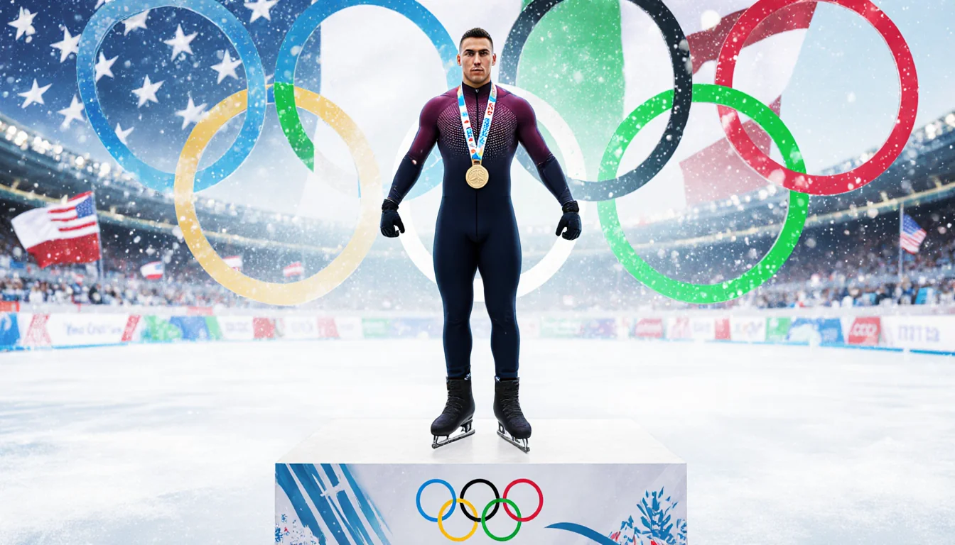 Adam Rippon stands proudly on a Winter Olympics podium with medal around his neck and determined expression