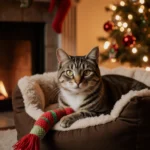 Cat gazes upward with gratitude while snuggling in plush dog bed beside warm fireplace and twinkling holiday lights