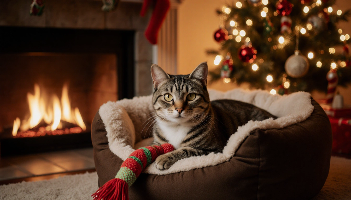 Cat gazes upward with gratitude while snuggling in plush dog bed beside warm fireplace and twinkling holiday lights