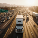 Semi-truck drives down highway center lane leaving slow traffic behind with warm sunset glow on pavement.