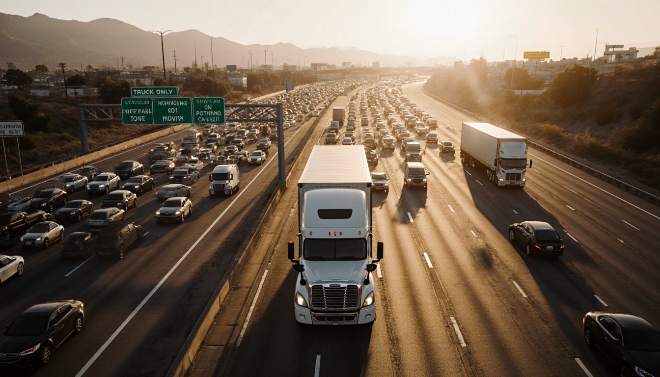 Semi-truck drives down highway center lane leaving slow traffic behind with warm sunset glow on pavement.