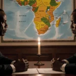African dignitaries sitting across from each other with a flickering candle and a West Africa map in the dimly lit room.