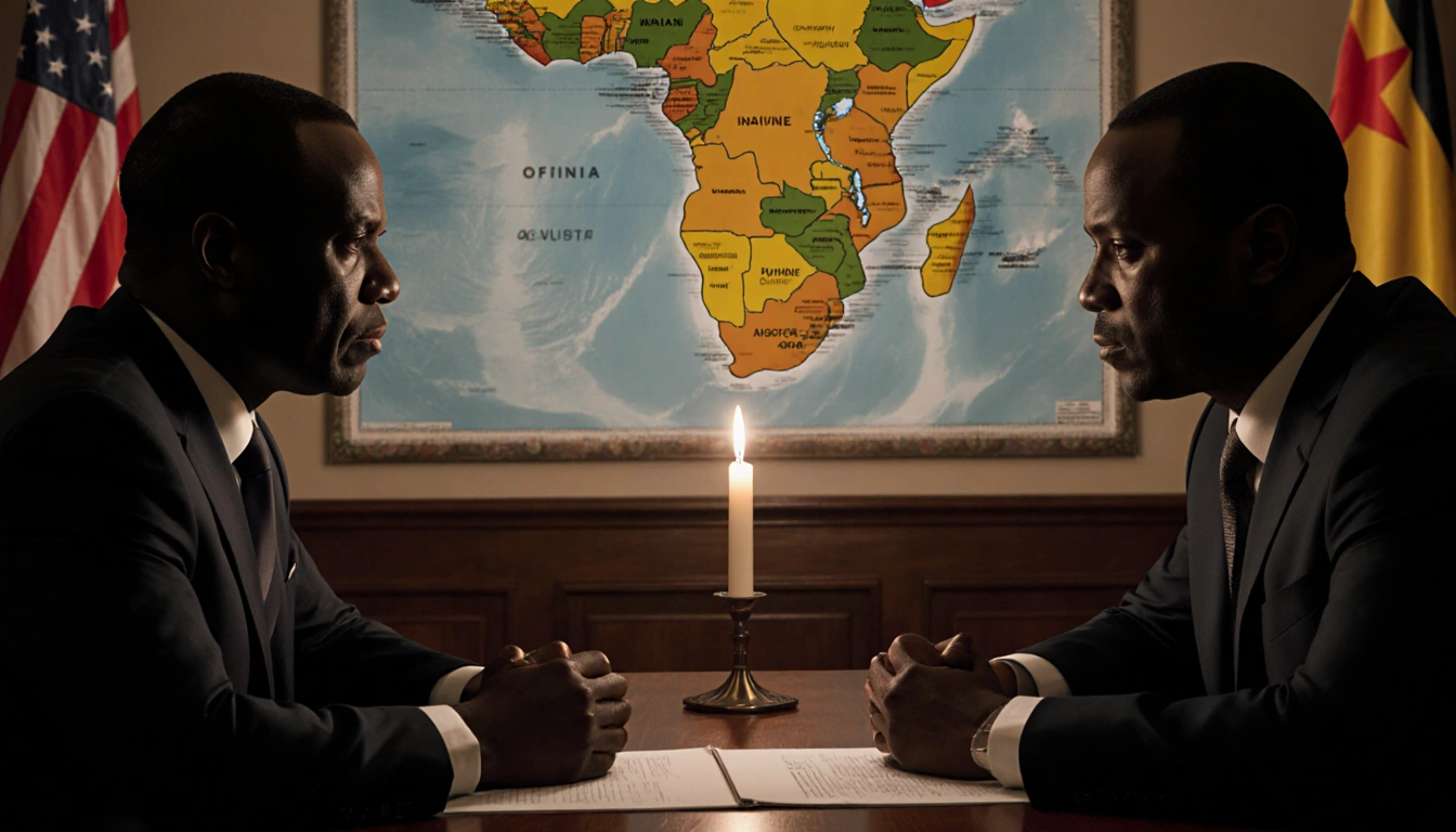 African dignitaries sitting across from each other with a flickering candle and a West Africa map in the dimly lit room.