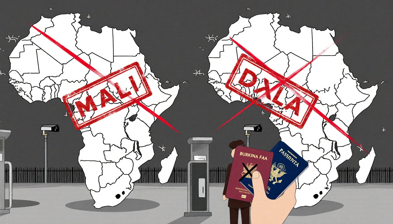 US passport holders denied entry at border crossing with red travel ban lines over Mali and Burkina Faso maps and cameras in 