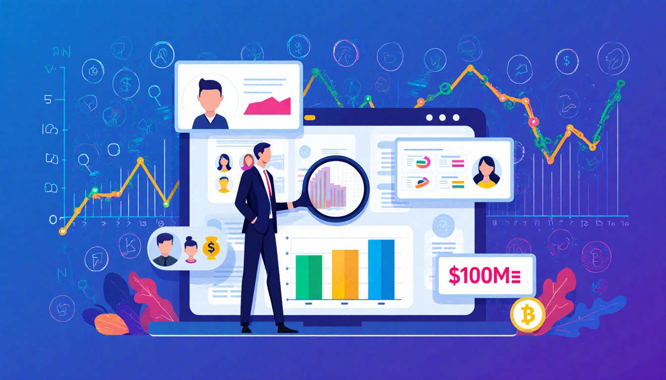 AI agent figurine analyzing job and vacation data on screens with a dashboard of millions of users and $100M revenue bars.