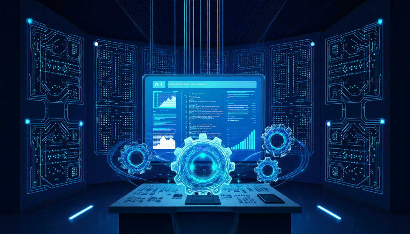 Control room shows data streams on central console with glowing grid nodes while AI gear models turn.