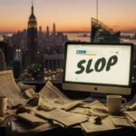 Cluttered desk with torn clippings, empty cups and a glowing screen reading Slop in Comic Sans with a dusk cityscape behind