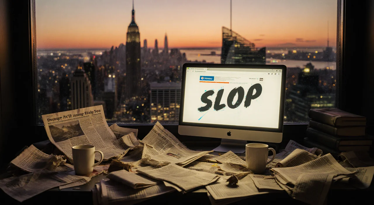 Cluttered desk with torn clippings, empty cups and a glowing screen reading Slop in Comic Sans with a dusk cityscape behind
