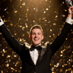 Aiden Ross triumphantly raises a mic stand with a glittering black tuxedo and confetti around him.