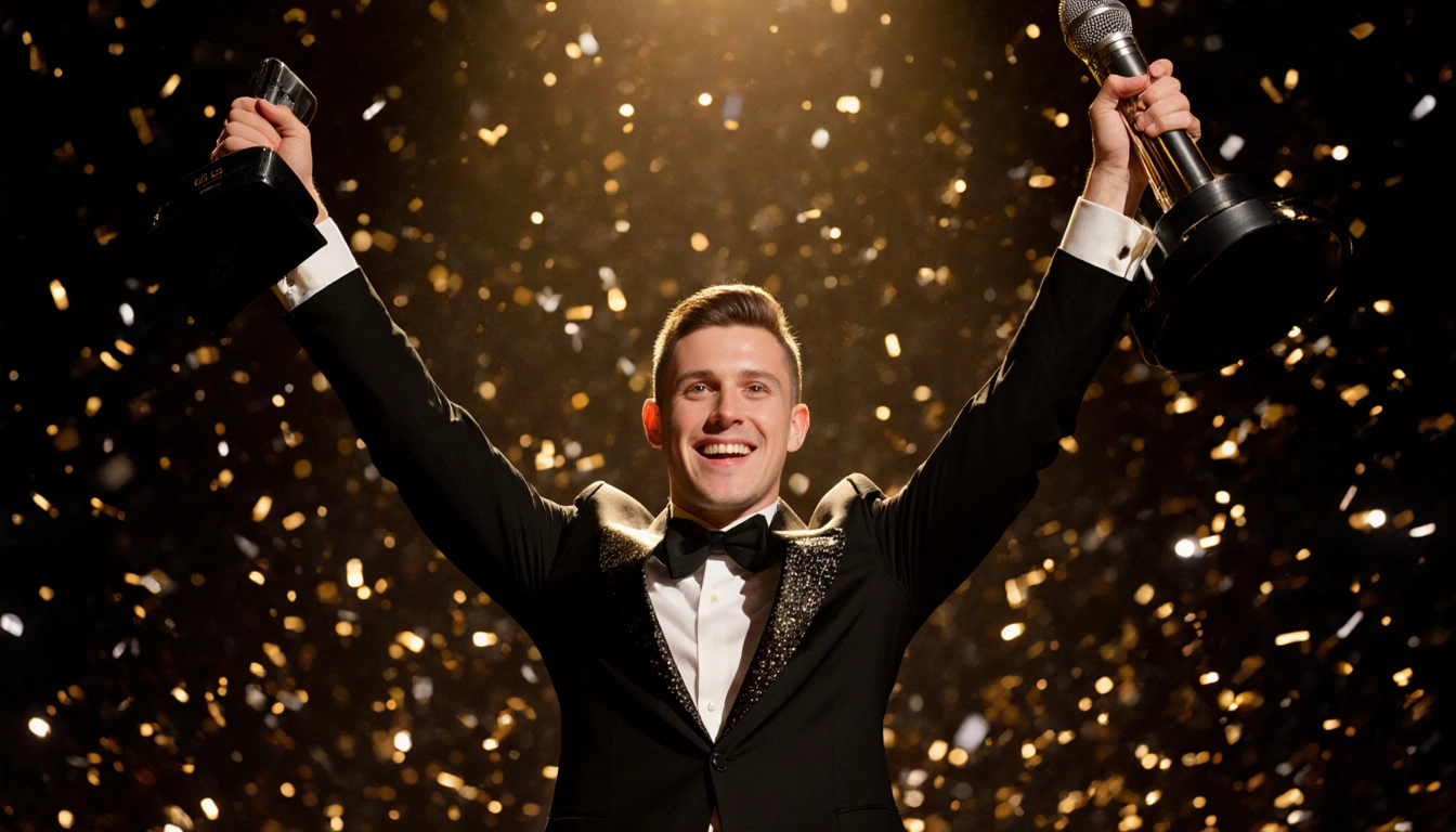 Aiden Ross triumphantly raises a mic stand with a glittering black tuxedo and confetti around him.