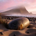 Curling stone lies partially buried in sand on Ailsa Craig with misty sea and pink dawn sky