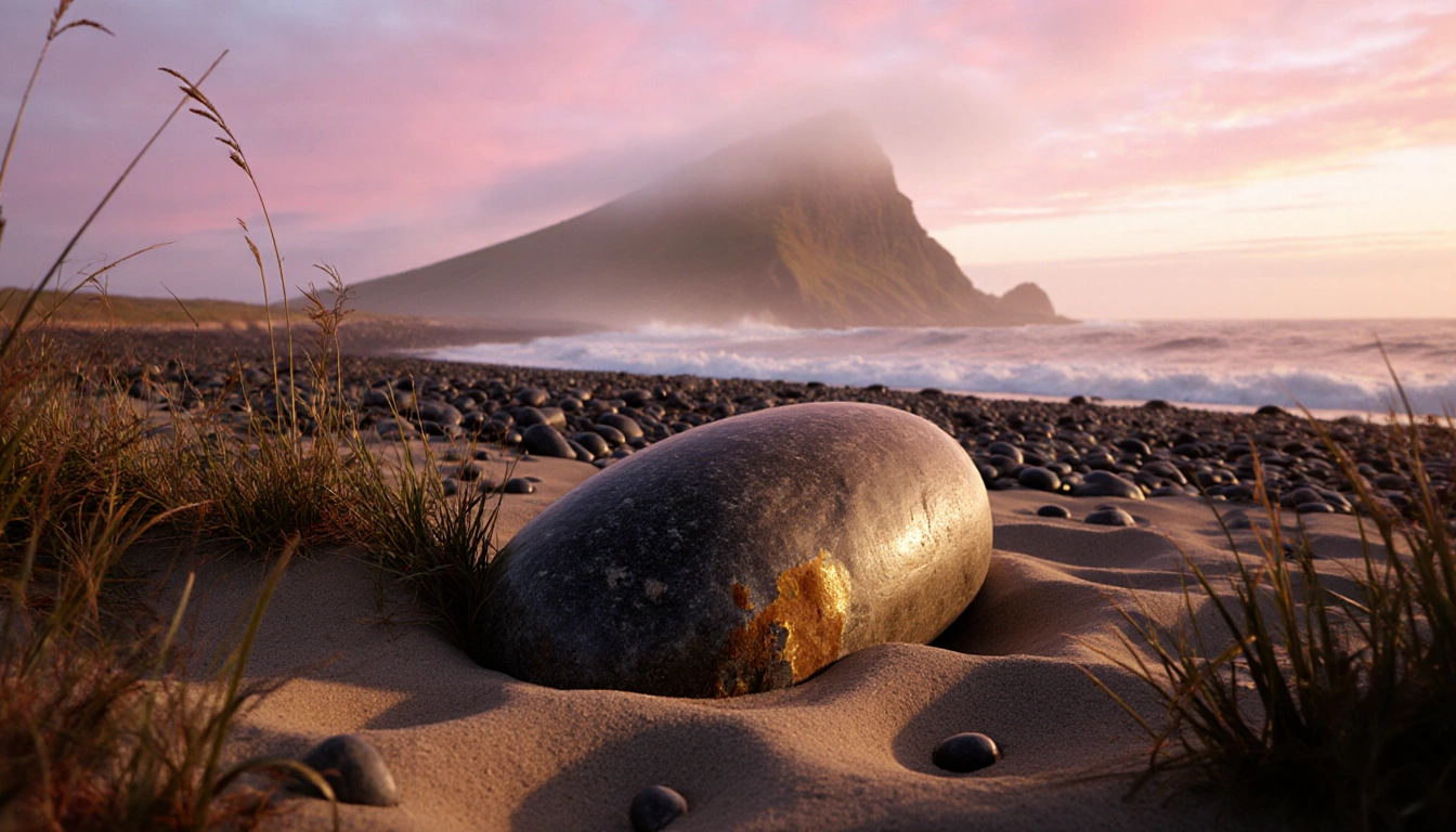 Curling stone lies partially buried in sand on Ailsa Craig with misty sea and pink dawn sky