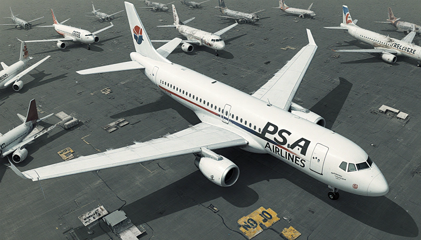 Small aircraft hovering in near‑collision airspace with overlapping planes and faded safety signs