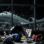 Memorial table bearing photos with crashed plane behind shattered glass and racing gear scattered