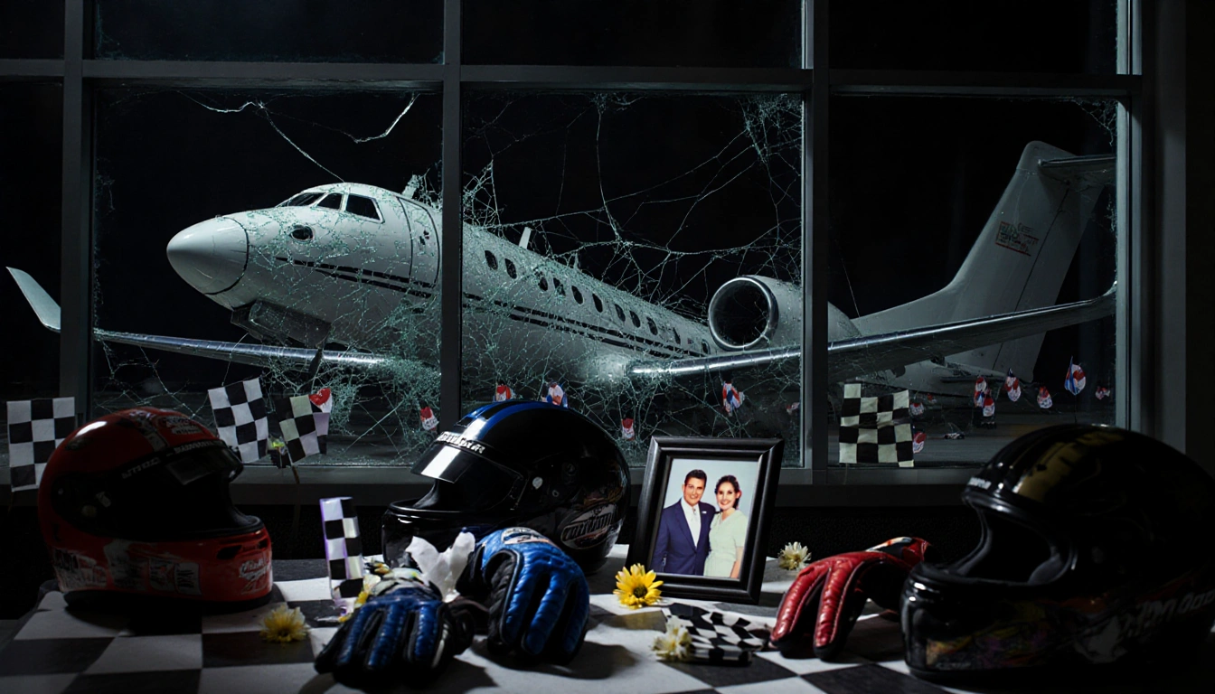 Memorial table bearing photos with crashed plane behind shattered glass and racing gear scattered