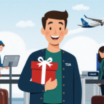 Traveler holding a wrapped holiday gift with airport security agents scanning luggage and a departing airplane in background.