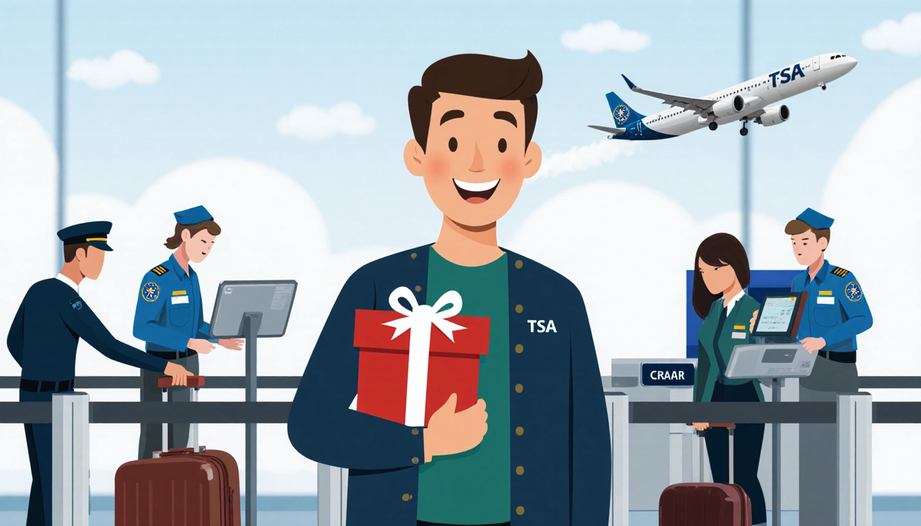 Traveler holding a wrapped holiday gift with airport security agents scanning luggage and a departing airplane in background.