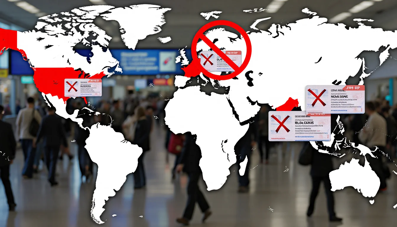 Crowded airport terminal with boarding passes crossed X for banned countries and a blurred world map marked with a red circle