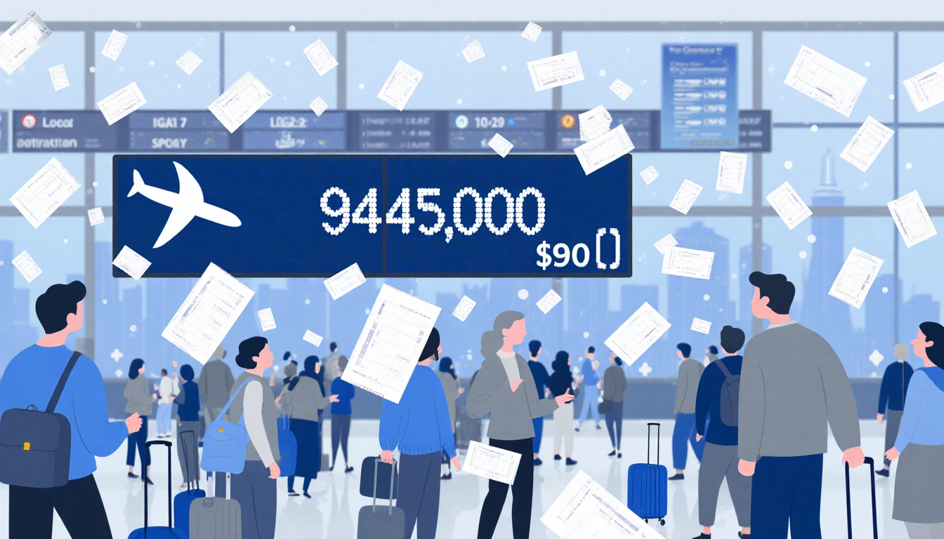 Crowd walks through airport terminal with a giant display of 945000 and fluttering boarding passes and travel suitcases